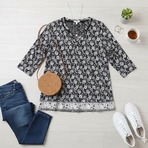 Lucky Brand Top 1X Boho V Neck Plus 3/4 Sleeve Black Floral Bohemian Flowy Tunic